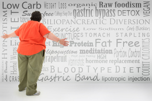 Overwhelmed Obese Woman Looking At List Of Weight Lost Choices