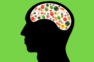 Vegetables And Fruits In Head On Green Background.